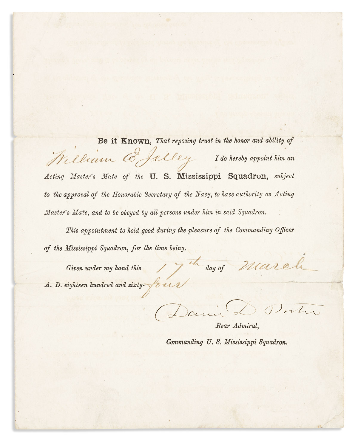 (CIVIL WAR.) PORTER, DAVID DIXON. Partly-printed Document Signed, appointing William E. Jelley Acting Masters Mate of the U.S. Mississ